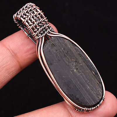 #ad Black Tourmaline Rough Gemstone Copper Wire Wrapped Handmade Pendant 2.09quot;