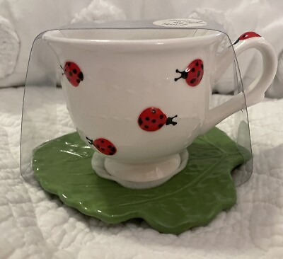 #ad Lang By Design Ladybug Teacup With Green Leaf Saucer Hand Painted Adorable