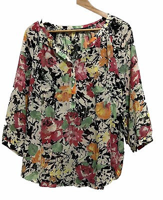 #ad Lauren Ralph Lauren Large Women’s Chiffon floral Colors pullover 3 4 sleeve A7 3