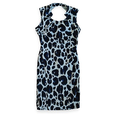 #ad Kardashian Kollection Blue Leopard Print Halter Neck Dress Size 10