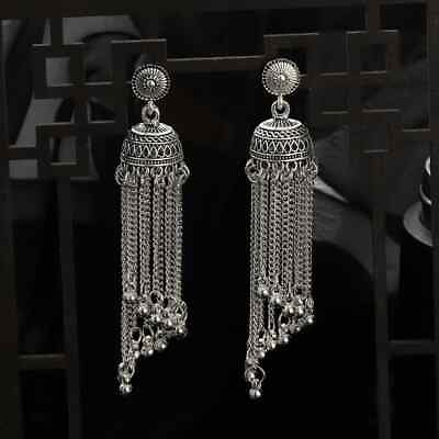 #ad Vintage Indian Jhumka Earrings for Women Thailand Silver Color Long Tassel Gift