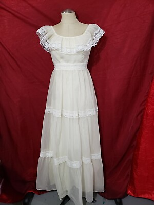 #ad Vtg Ivory Chiffon Lace Lined Long Evening Romantic Dress Union USA Made 7