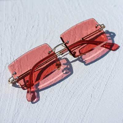#ad Mens Rimless Red Tint Square Gold Frame Rectangular Hip Hop Fashion Sunglasses