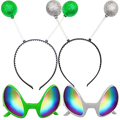 #ad 2 Pairs Alien Headband and Glasses Alien Sunglasses Glitter Green Silver Head...
