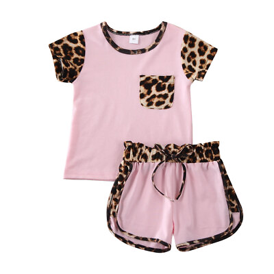 #ad Baby Girls Leopard Print Clothes Set O neck Tops with PocketShorts Summer