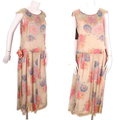 #ad 20s silk chiffon rose print dress vintage 20s Art Deco flapper Gatsby Antique