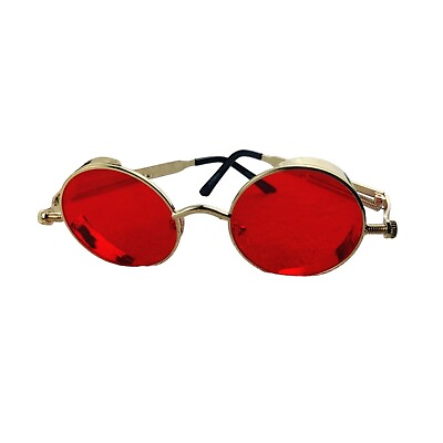 #ad Round Sunglasses Red Lens Gold Embossed Frame Steampunk Victorian Cosplay