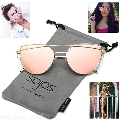 #ad Women Sunglasses Cat Eye Mirrored Flat Lenses Metal Frame Street Fashion Pink