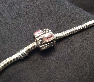 #ad Sterling Silver Pink Rhinestone European Pebbled Charm Bead 925