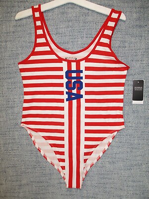 #ad NEW IML Isaac Morris Women#x27;s USA Red White Blue Striped Bodysuit Size Medium