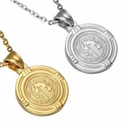 #ad Stainless Steel Silver Gold Saint St Benedict Medal Pendant Necklace Religious