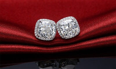 #ad 14k White Gold Plated Cushion Cut Simulated Diamond Gorgeous Halo Stud Earrings