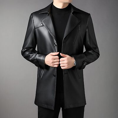 #ad Genuine Leather Men Mid length Windbreaker Leather Coat Handsome Jacket Slim Fit