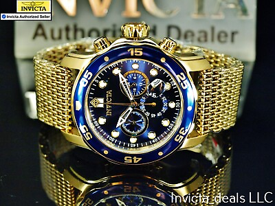 #ad Invicta Men#x27;s 48mm Pro Diver SCUBA Chronograph BLUE DIAL Gold Tone MESH SS Watch