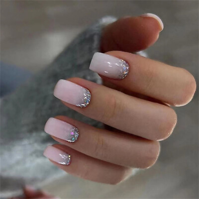 #ad Square Short False Nail Glitter Sparkly French Press on Nails for Nail Art 24pcs