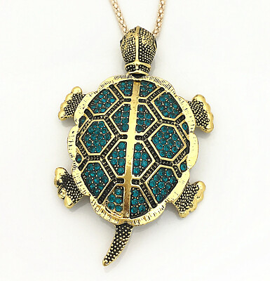 #ad Fashion Blue Crystal Turtle Tortoise Pendant Long Necklace Brooch