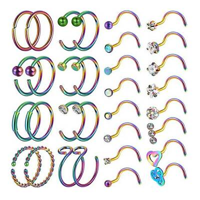 #ad 32PCS LOT CZ Nose Rings Hoop Screw Nose Stud Surgical Steel For Piercing 20G
