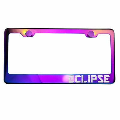 #ad Polish Neo Neon Chrome License Plate Frame ECLIPSE Laser Etched Metal Screw Cap