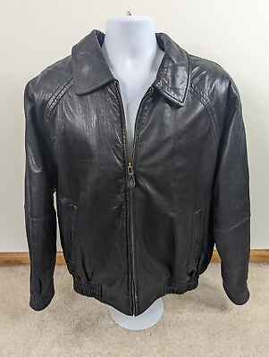 #ad Vintage 90s Aviator Biker Flight Men#x27;s Black Leather Bomber Jacket Coat Sz XL
