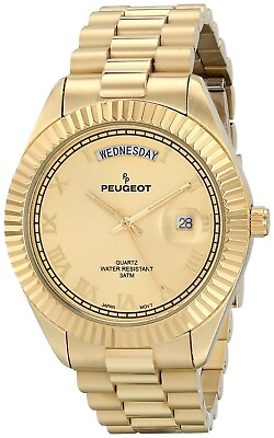 #ad Peugeot 14K All Gold Plated Day Date Roman Numeral Stainless Steel Watch 1029G