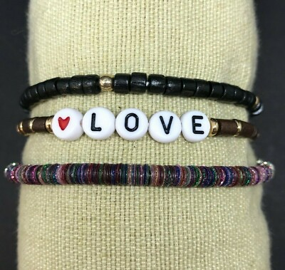 #ad LOVE Friendship BFF Black beaded 3 pack Bundle Bracelets for Friends