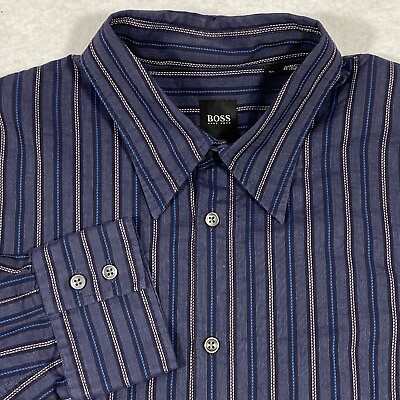 #ad Boss Hugo Boss Made in Italy Dress Shirt Mens Size XL Long Sleeve Blue Striped
