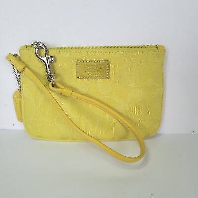 #ad Coach Signature Yellow Neon Wallet Wristlet Pouch 6x4 Zip Small Card Holder