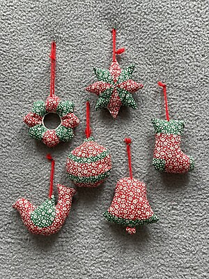#ad Vintage Christmas Ornament Set 6 Handmade Puffy Quilted Red Green 60’s