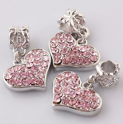 #ad Pink Crystal Heart 16x15mm Dangle European Charms Silver Color 2pcs PB32