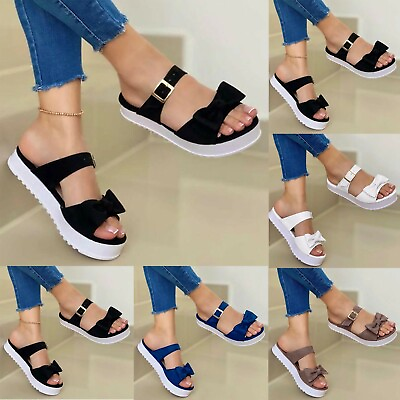 #ad Women Ladies Summer Bowknot Beach Shoes Flats Open Toe Buckle Sandals Slippers