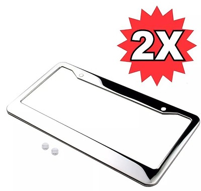 #ad 2Pcs Chrome Stainless Steel Metal License Plate Frame Tag Cover With Screw Caps