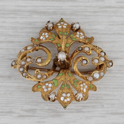 #ad Antique Floral Pearl Brooch Pendant 10k Yellow Gold Ornate Pin