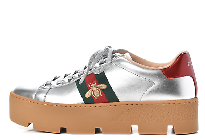 #ad Gucci Women#x27;s Ace Silver Embroidered Platform Sneaker N5386 Size 39.5 9.5 US