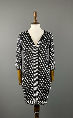 #ad Women DIANE Von FURSTENBERG Black Floral 3 4 Sleeve Silk Dress Tunic Size 4