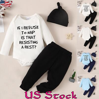 #ad 3PCS Baby Boy Long Sleeve Pullover Print Romper Jumpsuit Solid Pant Cute Hat Set