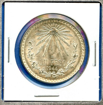 #ad 1944 Mexico 1 Un Peso Cap amp; Ray Silver Coin #10 Uncirculated Brilliant Gem BU