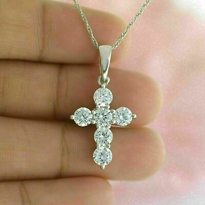 #ad 2Ct Round Cut Diamond Cross Womens Pendant Necklace 14k White Gold Finish