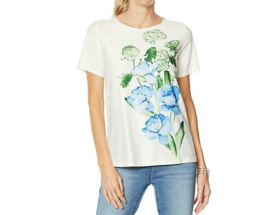 #ad DG2 by Diane Gilman Women#x27;s Pullover Short Sleeves Printed Tee White Small Size