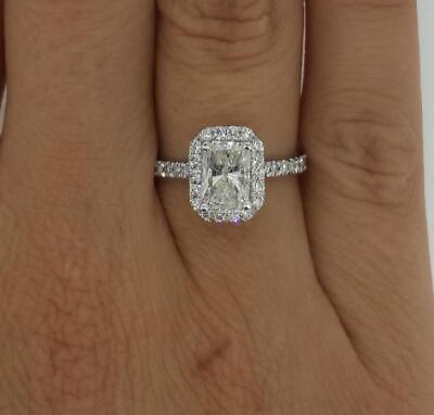 #ad 1.75 Ct Halo Pave Radiant Cut Diamond Engagement Ring VS2 D White Gold 18k