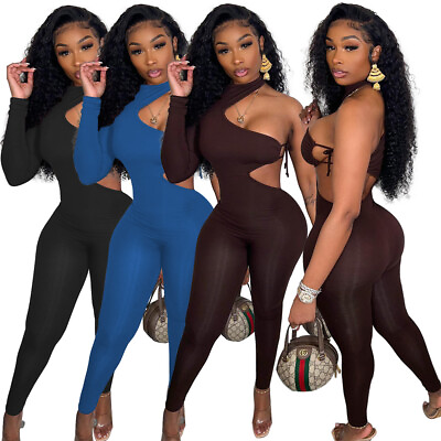 #ad New Stylish Women One Sleeve Hollow Out Patchwork Asymmetric Club Long Jumpsuit