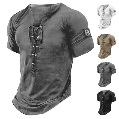 #ad Mens Lace Up Muscle Slim Fit T Shirt Short Sleeve Gym Sport Fitness Tee Tops