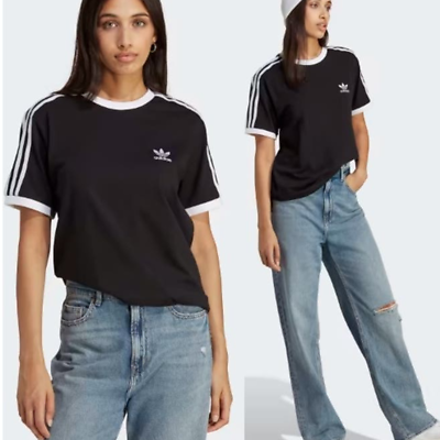 #ad NWT Adidas Original Short Sleeve 3 Stripes Tee Shirts Black Women#x27;s Size Medium