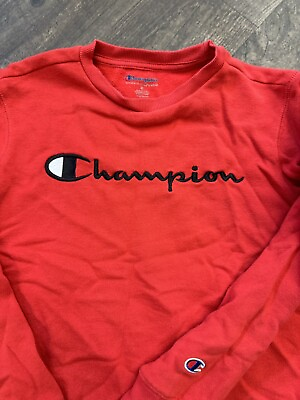 #ad Champion Boy#x27;s Script Logo Pullover Sweatshirt Red Size M
