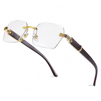 #ad Luxury Retro Men#x27;s Rimless Wood Gold Frame Hip Hop Vintage Clear Lens Glasses