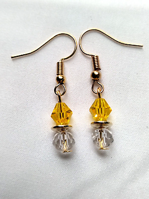 #ad Yellow Clear Glass Beaded Drop Earrings Handmade Gold Tone Hook Boho Chic Mod