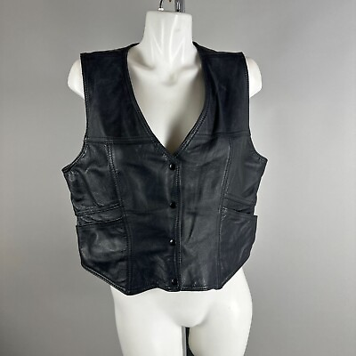 #ad Vtg Y2K Black Leather Ranch Sleeveless Vest Oversized Womens Size 4 Biker