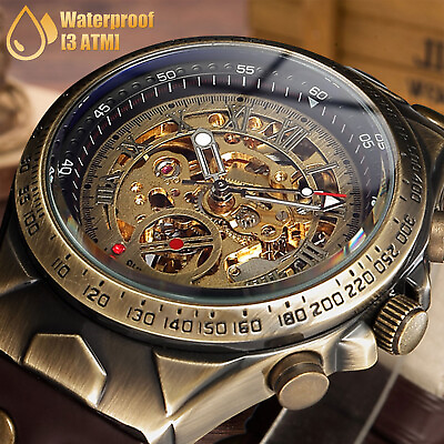 #ad Luxury Men#x27;s Automatic Mechanical Wrist Watch Leather Strap Retro Skeleton Dial $22.48