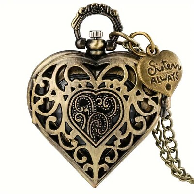 #ad Heart Shaped Quartz Pocket Watch Vintage Bronze Necklace Watch Sister Friendship