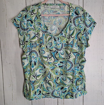 #ad Liz Clairborne Size 2X Green Floral Paisley Cotton Short Sleeve Casual Blouse