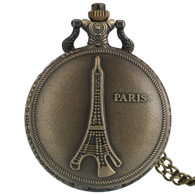 #ad Vintage Full Hunter Paris Tower Design Quartz Pocket Watch Souvenir with Chain